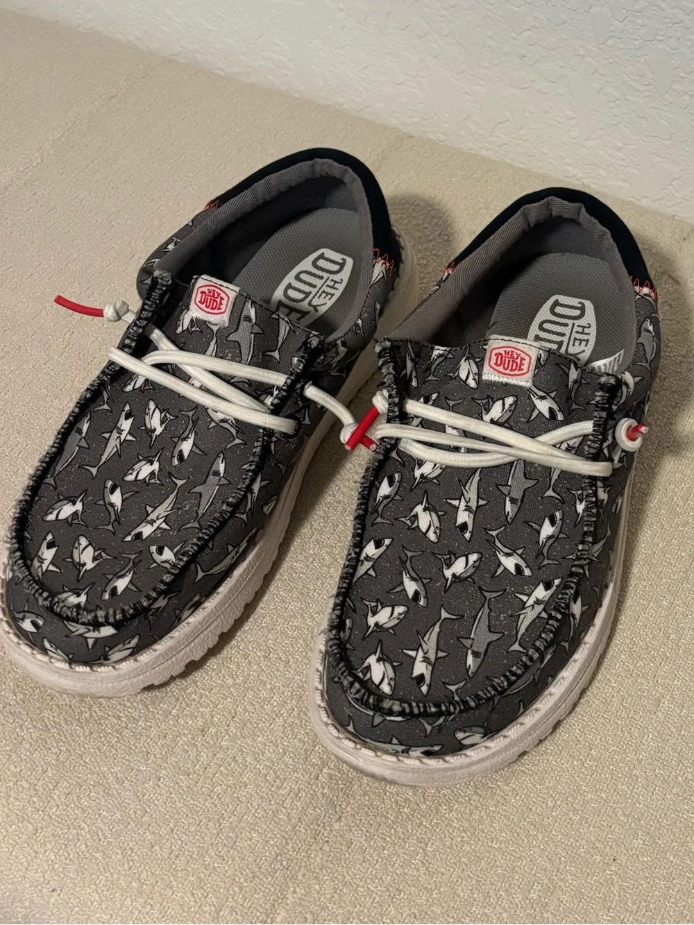 Hey Dude Kids Shark-Print Casual Shoes in Charcoal and White with Red Accents